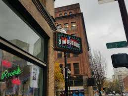 Street view of 2nd Avenue Records in downtown Portland, Oregon.