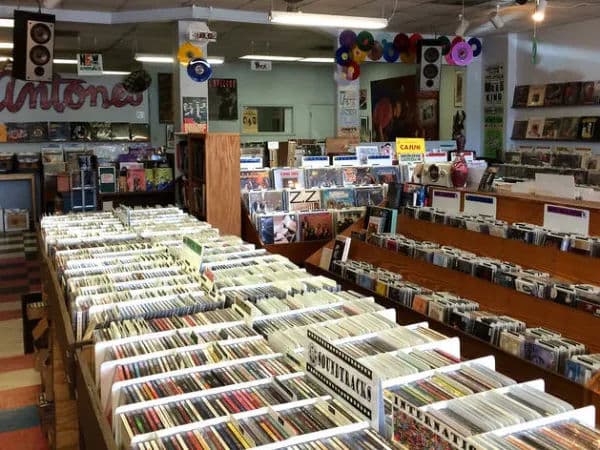 Interior of Antone's Record Shop, with rows of bins filled with vinyl records organized by genre.
