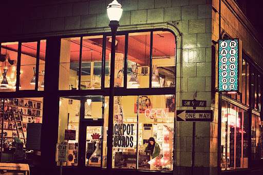 Nighttime view of Jackpot Records in Portland, Oregon.