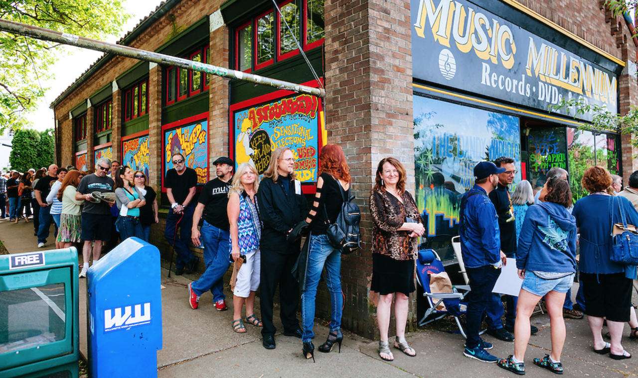 A long line of people waiting outside Music Millennium in Portland, Oregon, on Record Store Day.