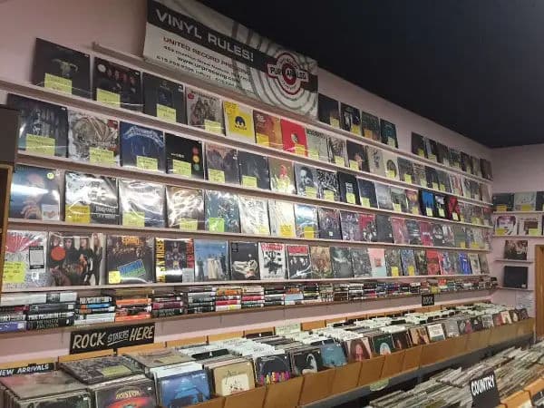 Interior of Phonoluxe Records with rows of vinyl organized by genre under a banner reading 'Vinyl Rules!' and album covers displayed on the wall.