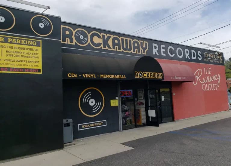 Front of Rockaway Records in Los Angeles, known for its bold black-and-gold signage and retro logo.