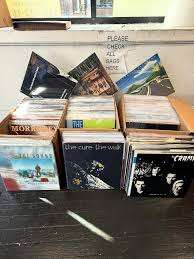 Rows of vinyl records displayed in open bins inside a record store, with album covers like The Cure visible.
